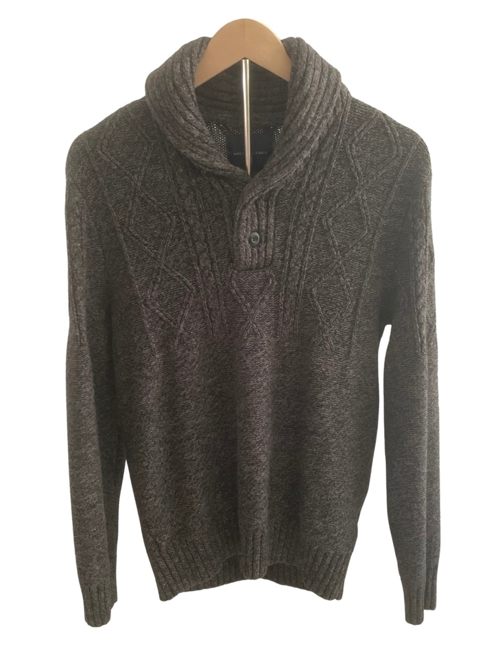 American Eagle Outfitters Men's Cable Shawl Turtleneck Sweater Charcoal S Preppy